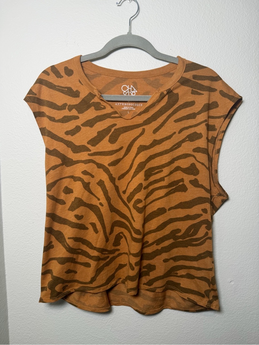 Chaser x Anthropologie Cedar V-Neck Tan and Brown Tiger-Print Top Size L
